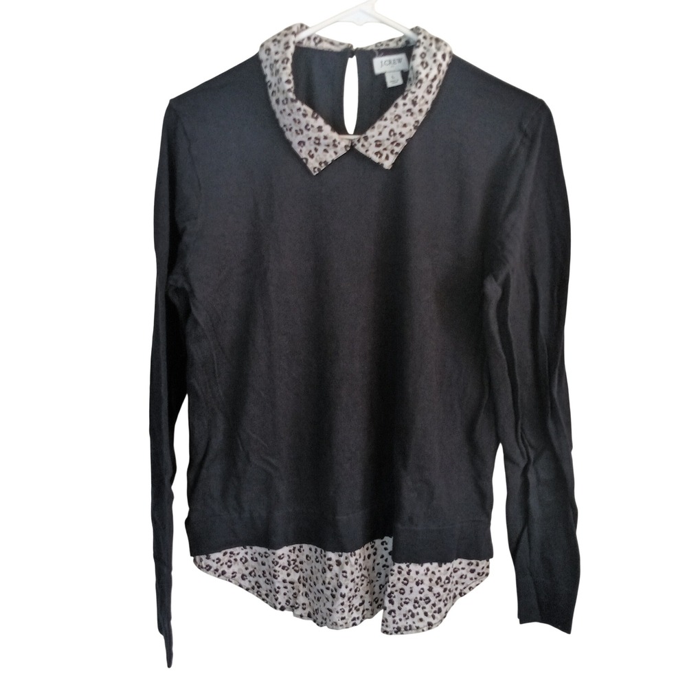 J.Crew Layered Look Sweater Women L Blue Excellent Leopard Print Collar Mixed